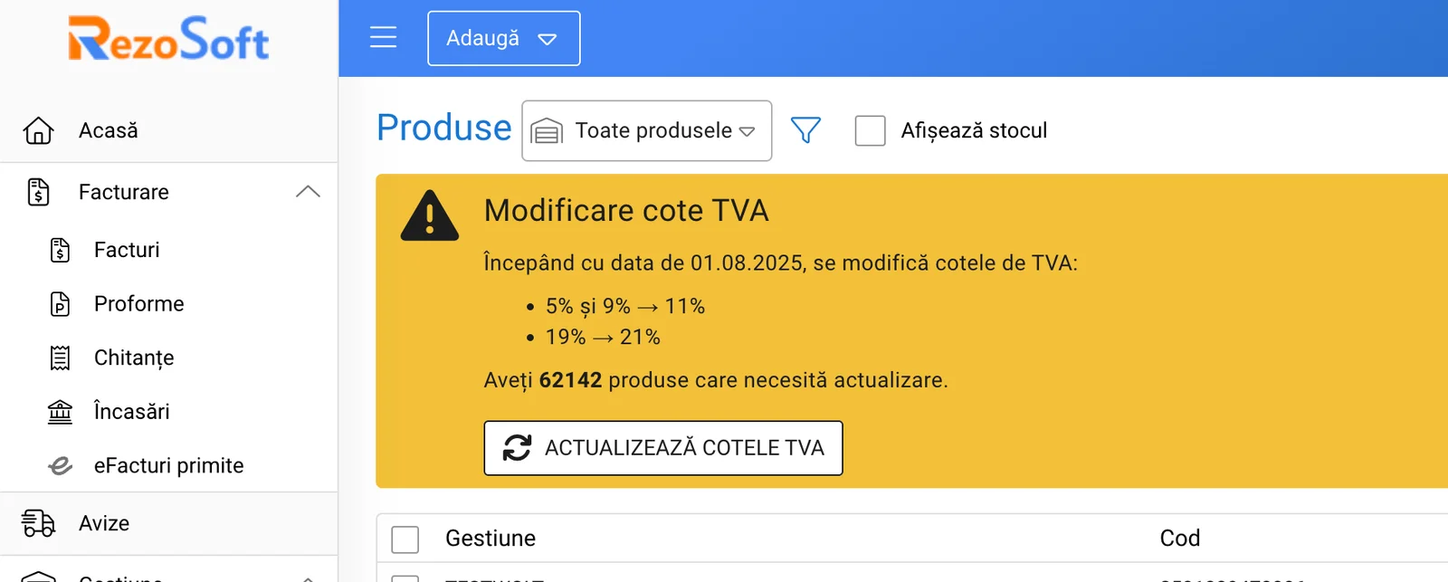 Schimbarea cotelor de TVA din august 2025, captură de ecran 1