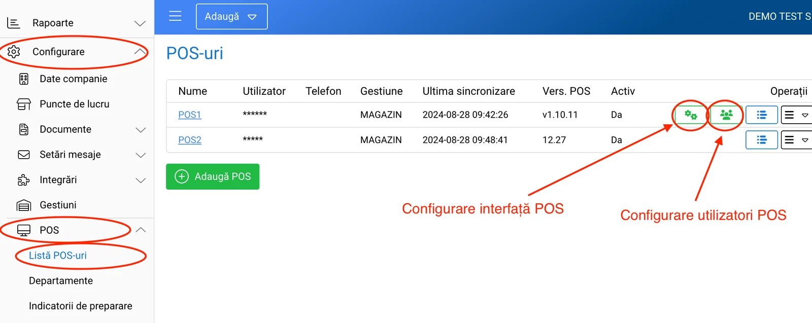 Configurare utilizatori POS, captură de ecran 1