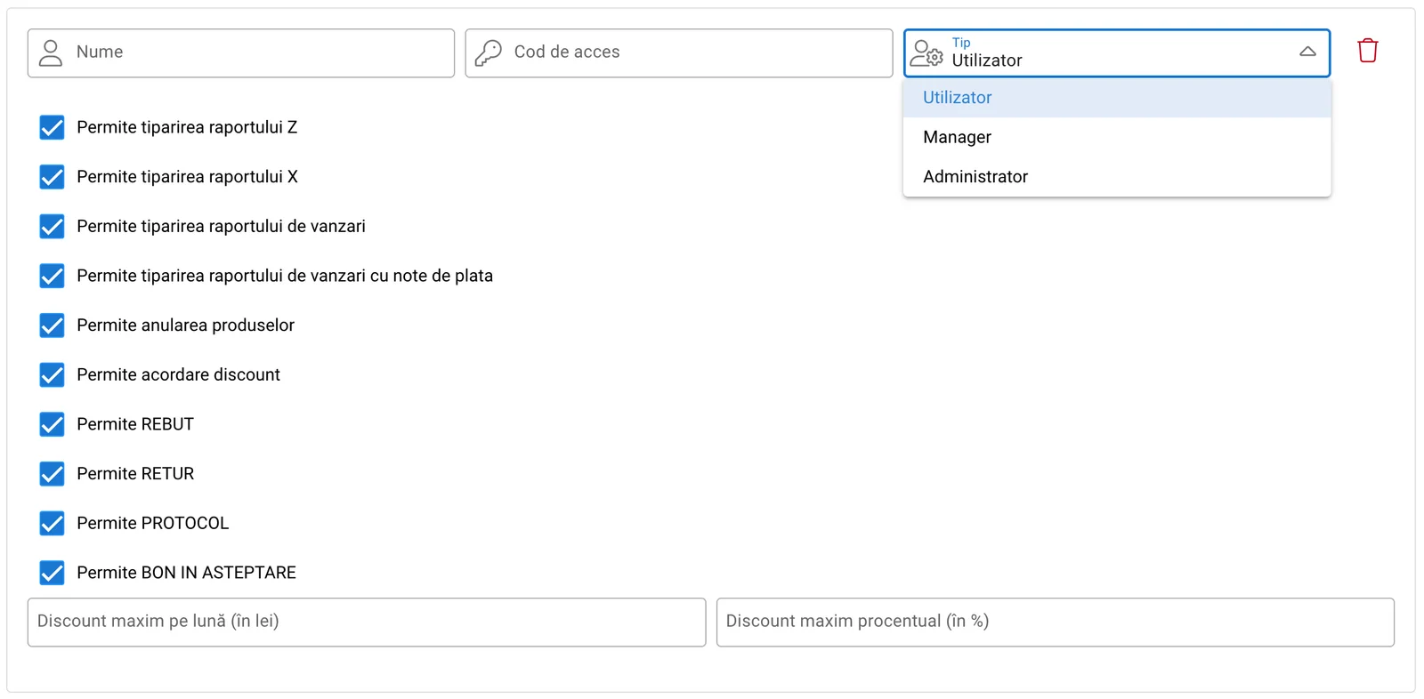 Configurare utilizatori POS, captură de ecran 2