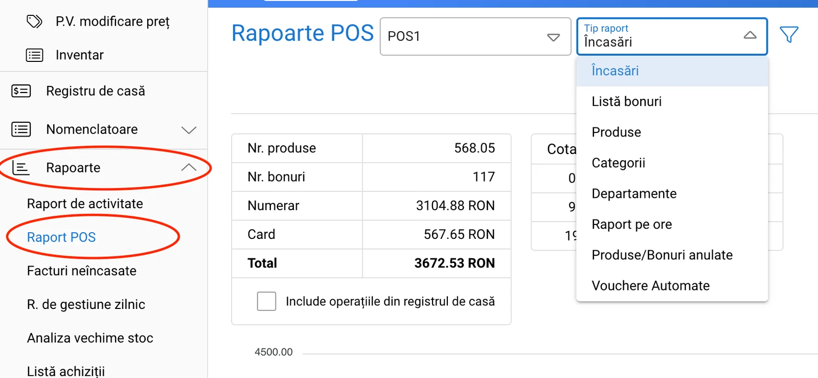 Rapoarte vânzări POS, captură de ecran 1