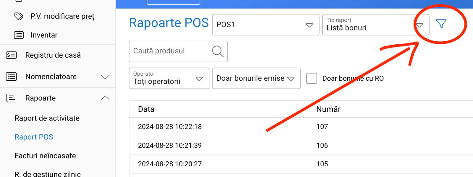 Rapoarte vânzări POS, captură de ecran 2