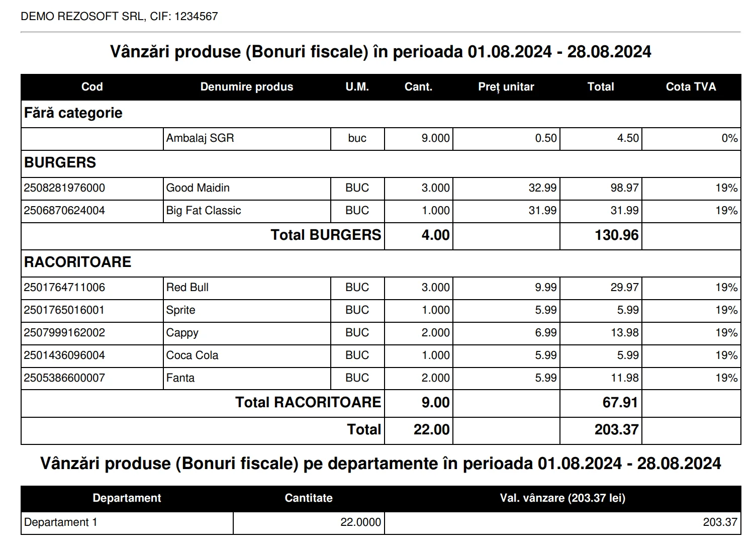 Raport vânzări pe categorii și departamente pentru contabilitate, captură de ecran 2