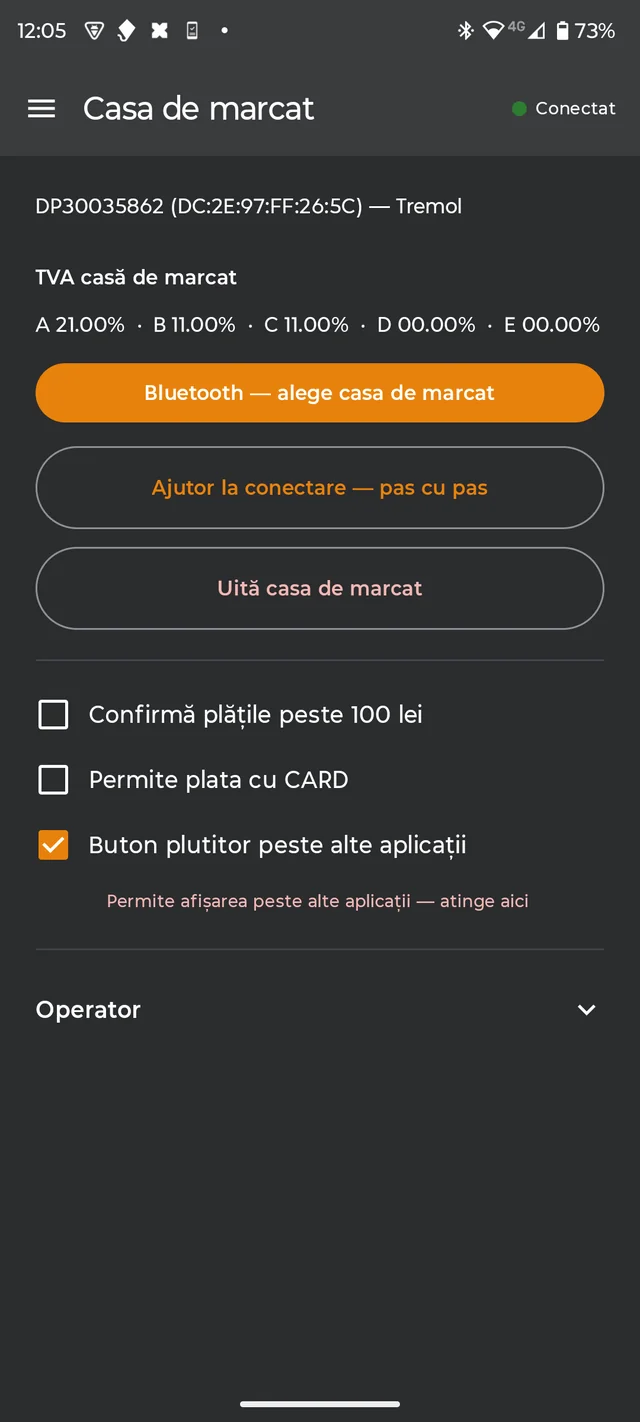Ecranul casei de marcat din RezoRide cu conectare Bluetooth și cotele TVA
