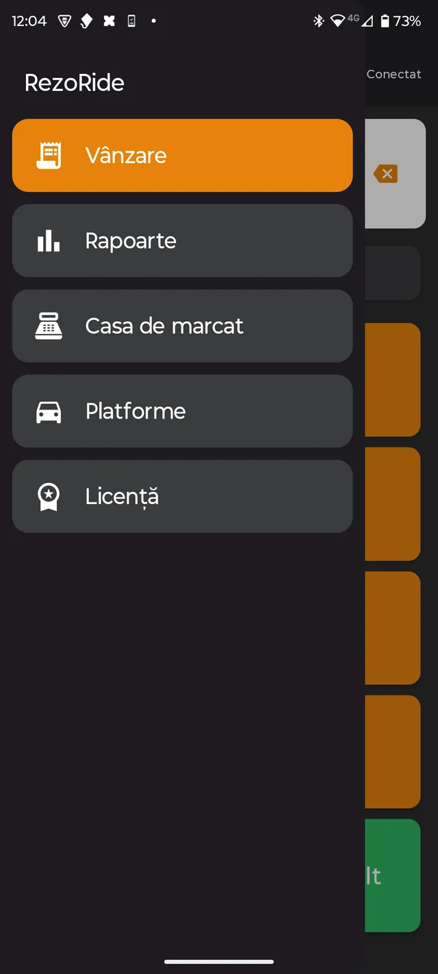 Meniul aplicației RezoRide — Vânzare, Rapoarte, Casa de marcat, Platforme și Licență